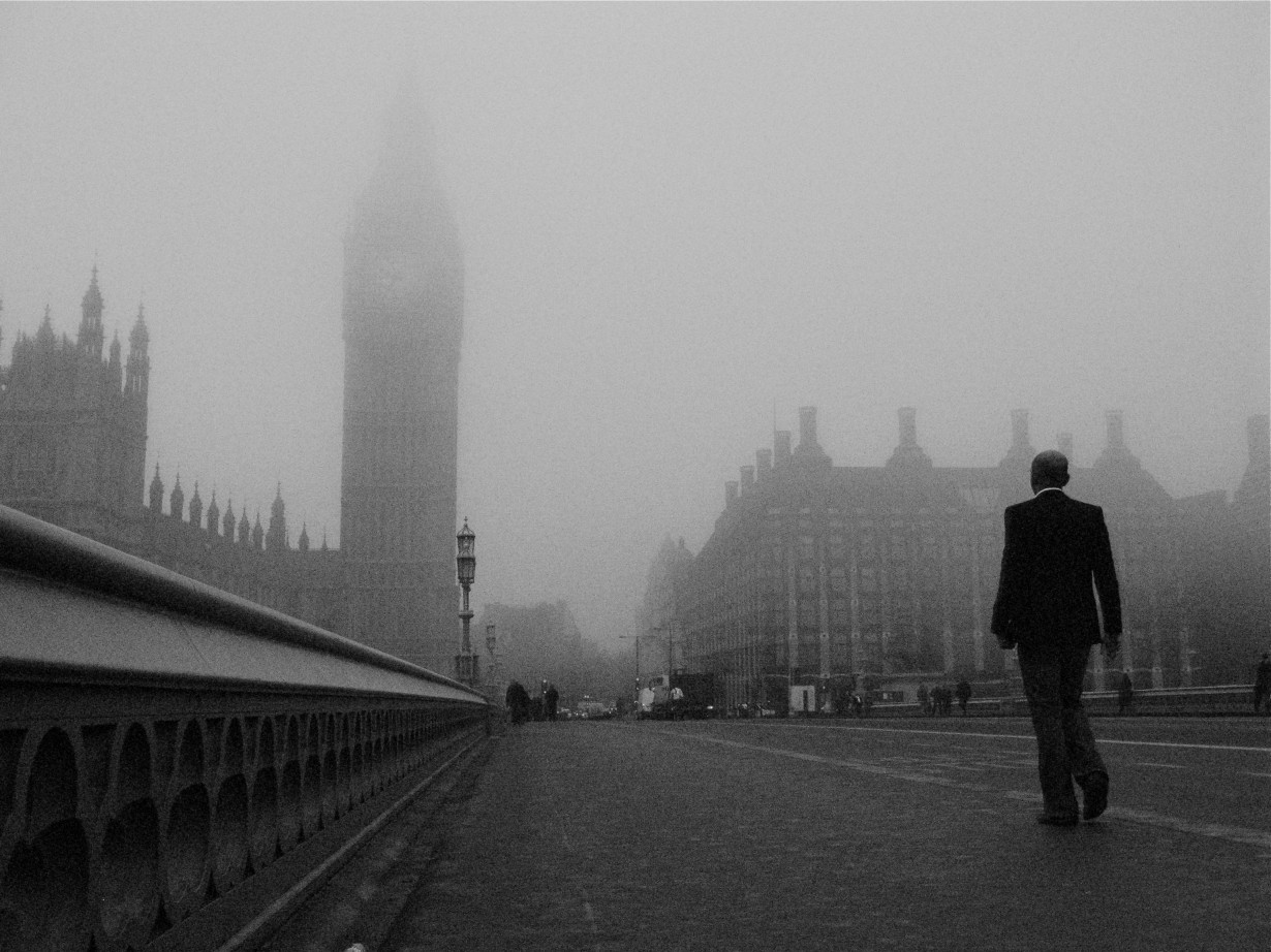 westminster bridge london city fog man worker suit 