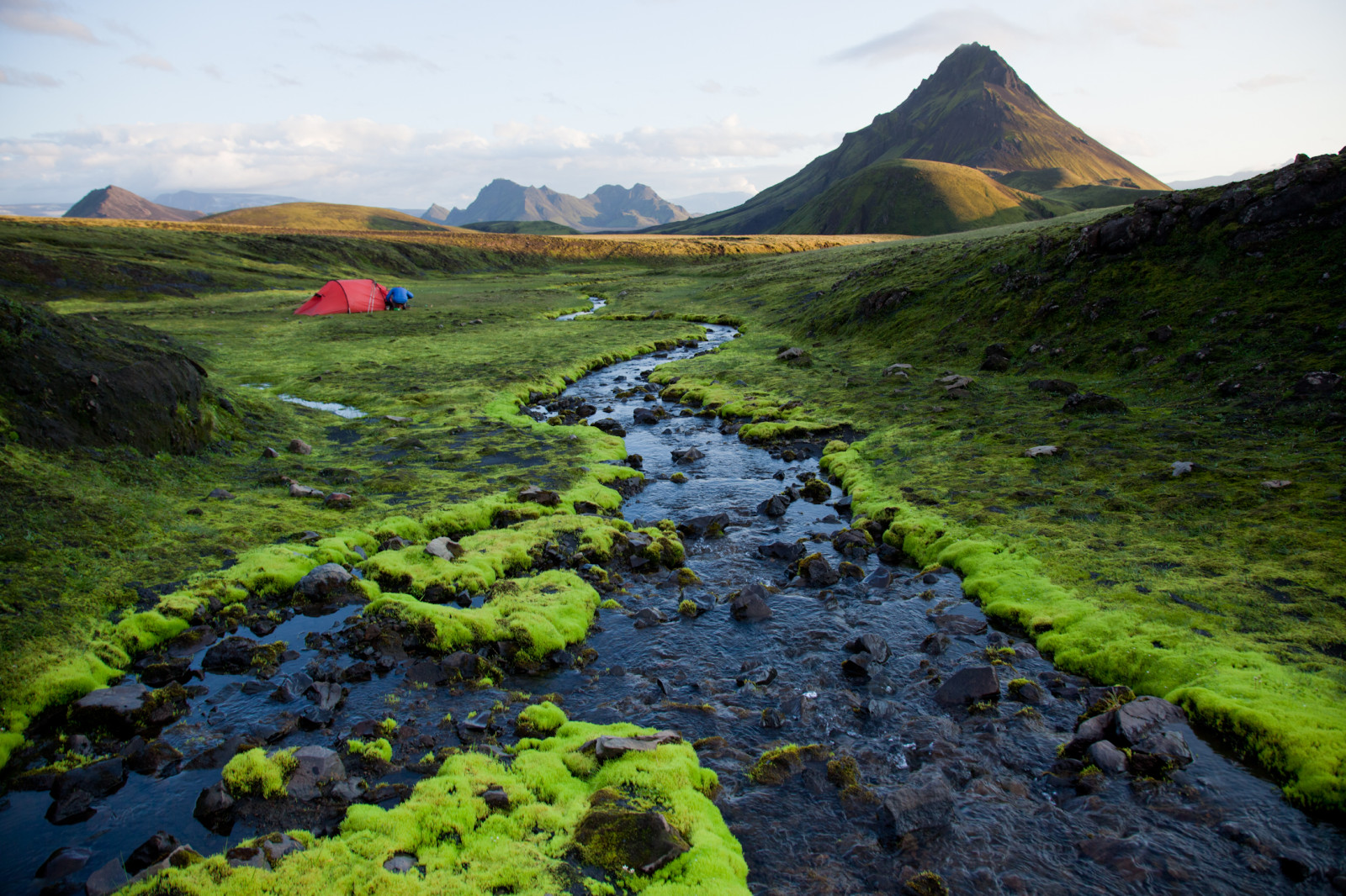 iceland tent mountain river
