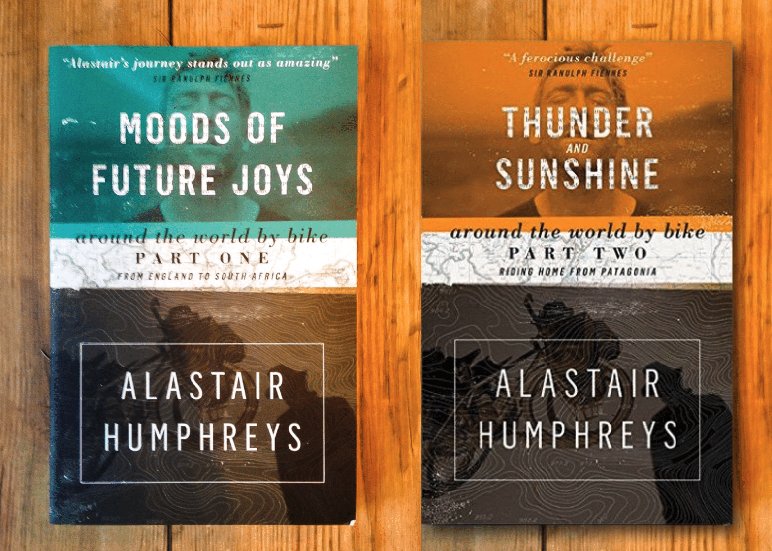 Books by Alastair Humphreys - Around the World by Bike Bundle - Cover on Wooden Floor