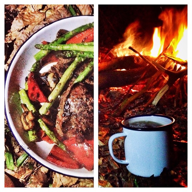 Smug food photos on social media are tedious. But here's my campfire steak and mug of ale. #microadventure #equinox #steak #ale #food #diptych